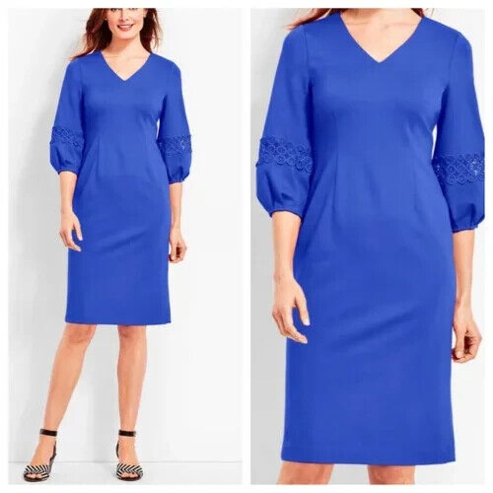 NEW Talbots 3/4 Balloon Lace Crochet Sleeves V-neck Ponte Knit Sheath Dress